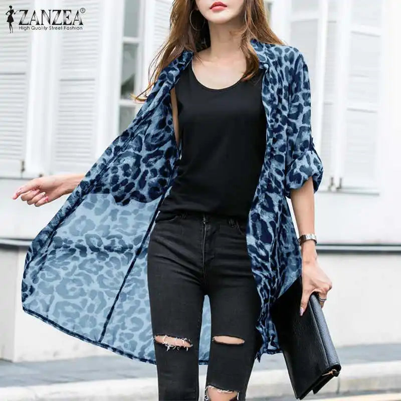 Kimono Blouse Léopard — Mousseline, Manches Longues & Col en V