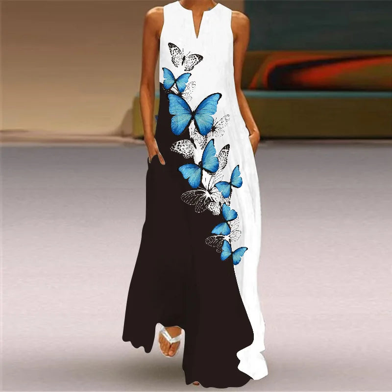 Robe Longue Imprimée Vintage — Col en V, Sans Manches, Longueur Sol