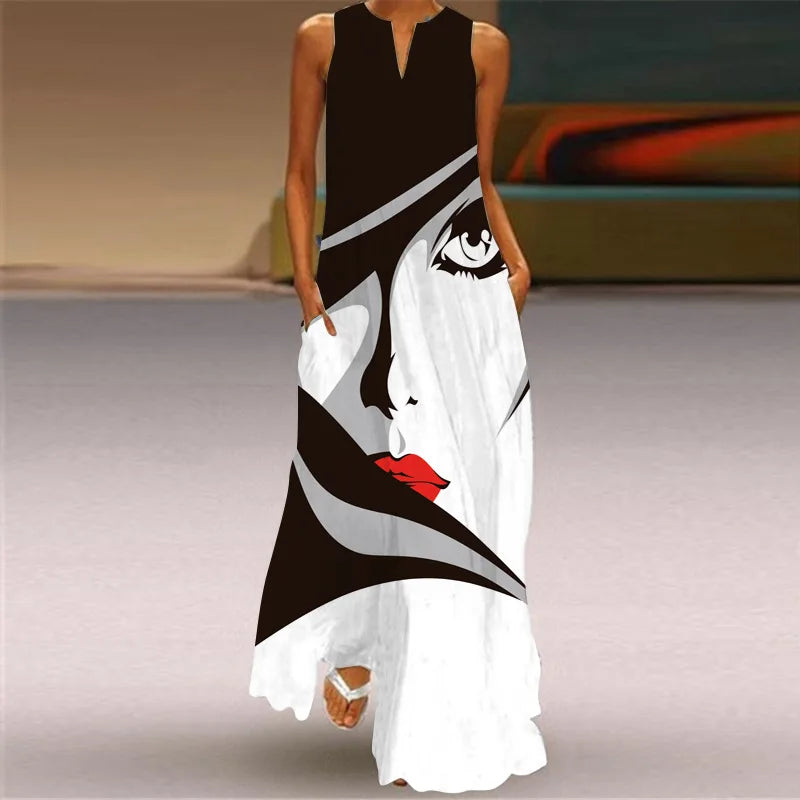 Robe Longue Imprimée Vintage — Col en V, Sans Manches, Longueur Sol