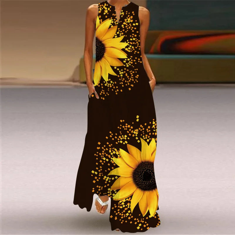 Robe Longue Imprimée Vintage — Col en V, Sans Manches, Longueur Sol