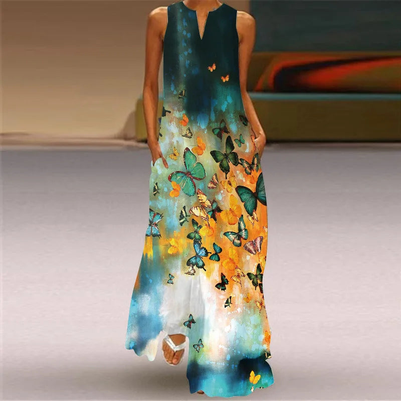 Robe Longue Imprimée Vintage — Col en V, Sans Manches, Longueur Sol