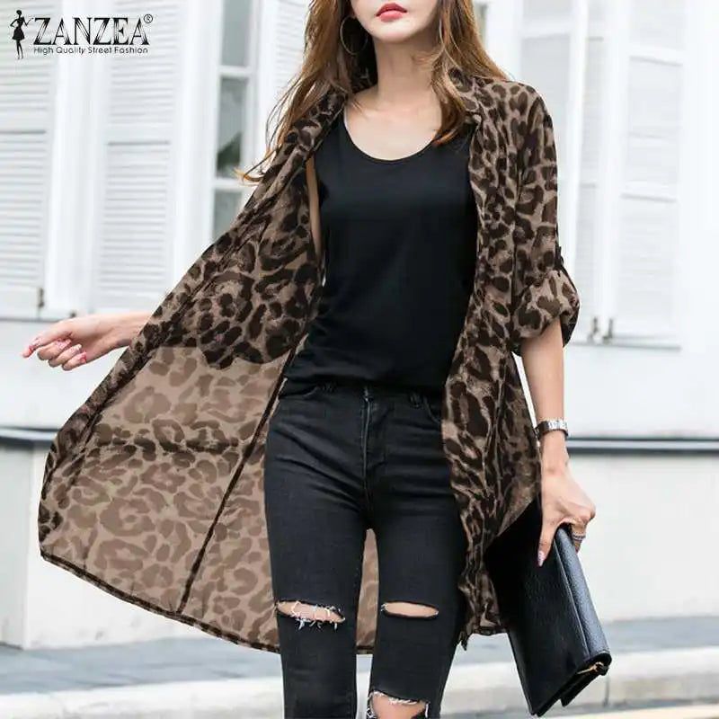Kimono Blouse Léopard — Mousseline, Manches Longues & Col en V