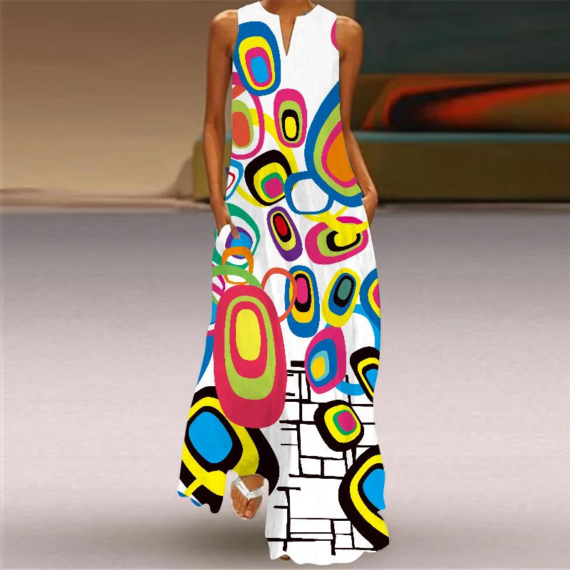 Robe Longue Imprimée Vintage — Col en V, Sans Manches, Longueur Sol