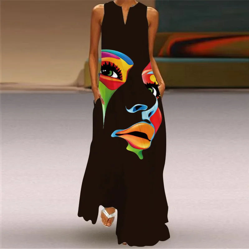 Robe Longue Imprimée Vintage — Col en V, Sans Manches, Longueur Sol