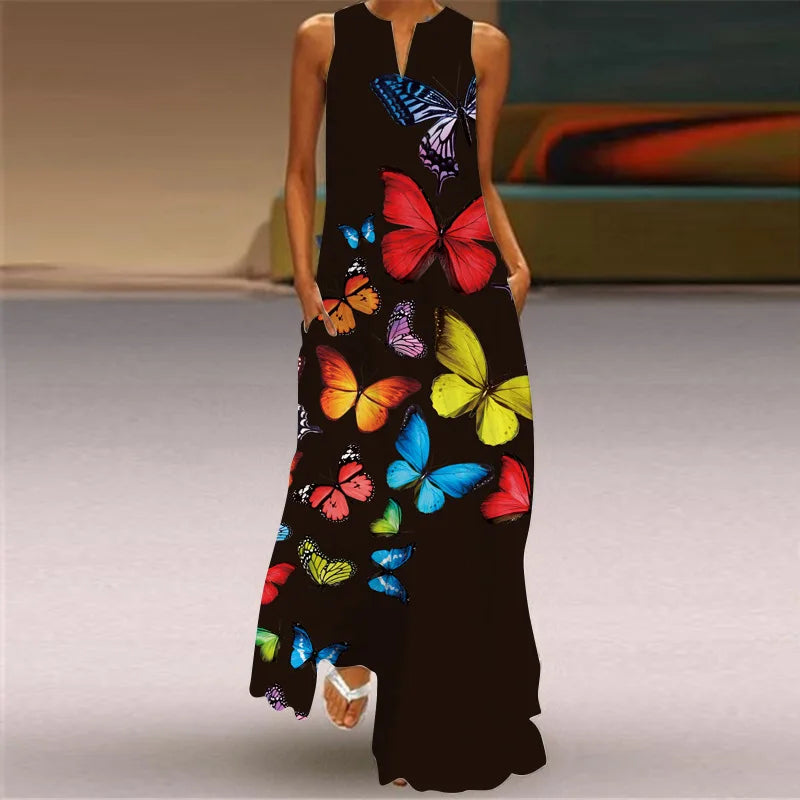 Robe Longue Imprimée Vintage — Col en V, Sans Manches, Longueur Sol