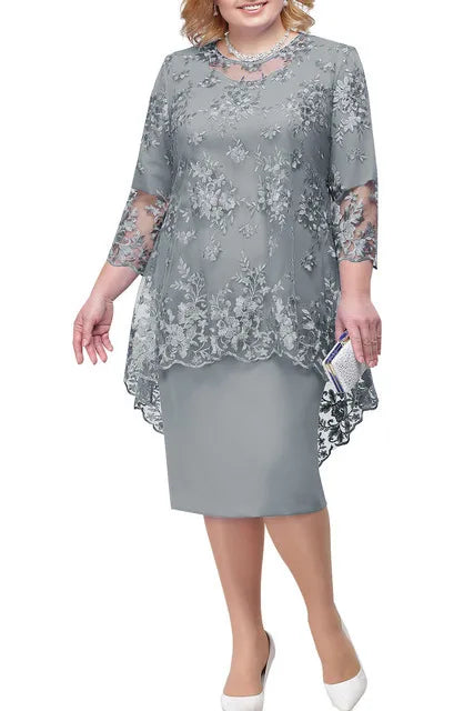 Ensemble 2 Pièces Robe Soirée — Col Rond, Broderie Dentelle, Manches 3/4, Slim Fit
