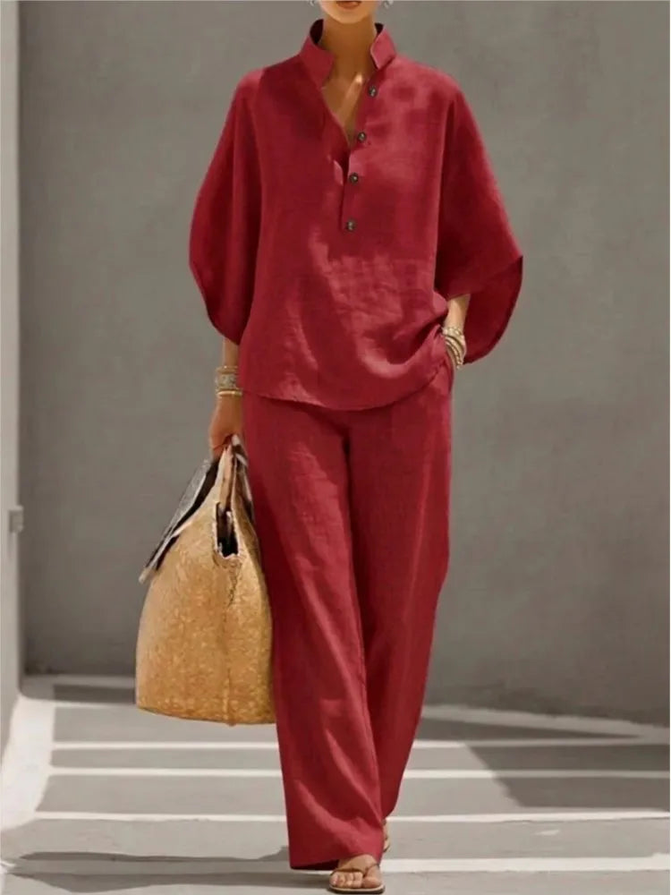 Ensemble 2 Pièces Coton & Lin – Chemise Col Montant Boutonnée & Pantalon Cheville