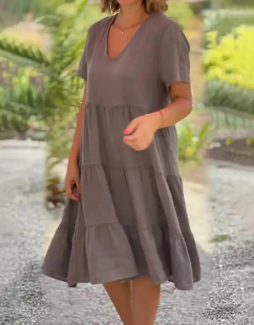 Robe Décontractée Col en V — Manches Courtes, Lin & Fibre, Longueur Genou, Silhouette Une Ligne