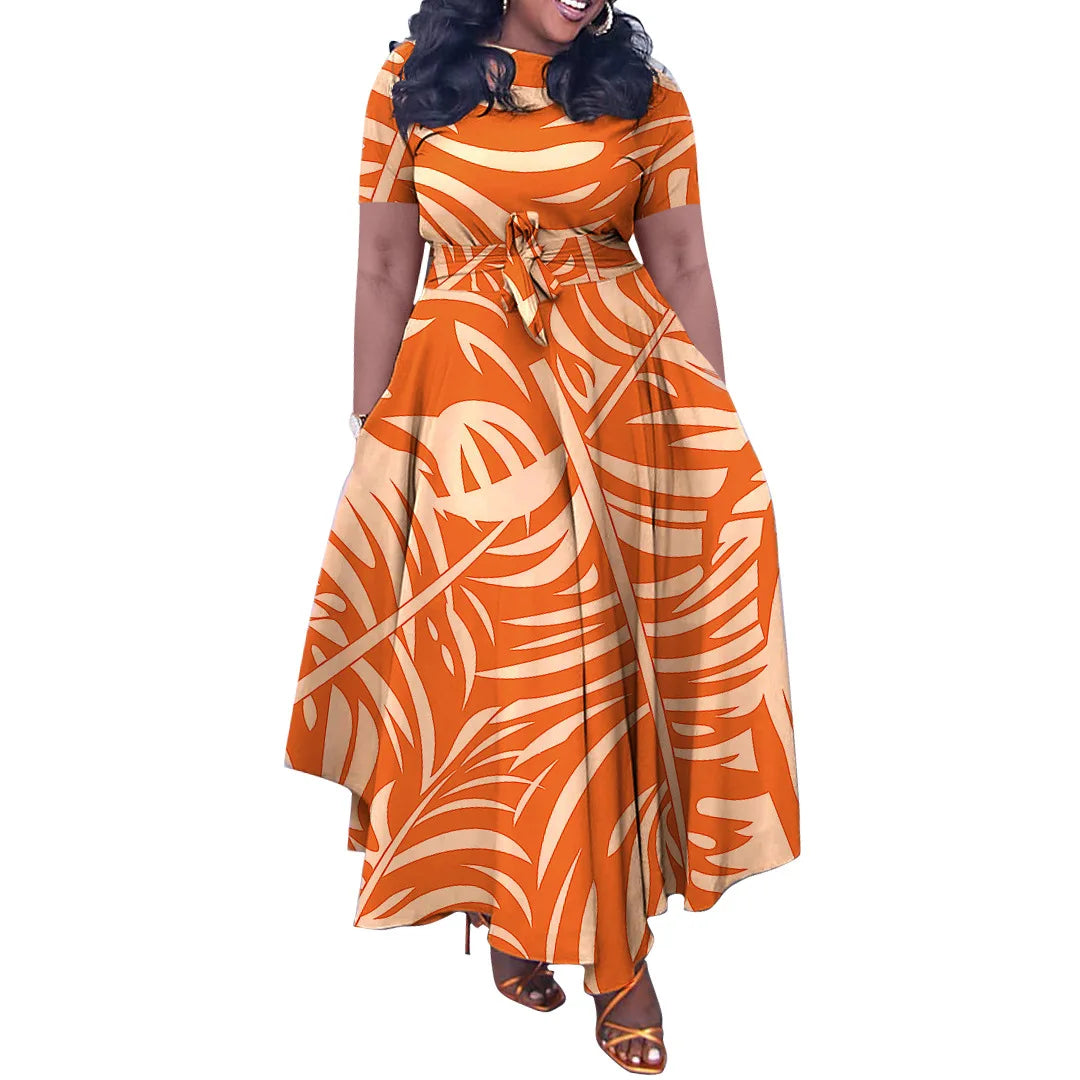 Robe Longue Imprimée — Col Rond, Manches Courtes, Longueur Cheville