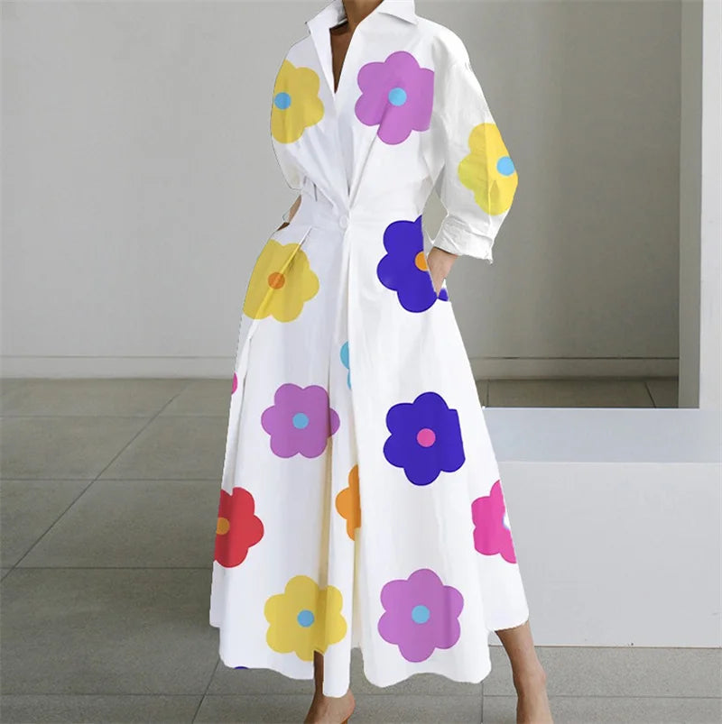Robe Chemise Imprimée — Col en V, Revers & Boutons, Longueur Cheville