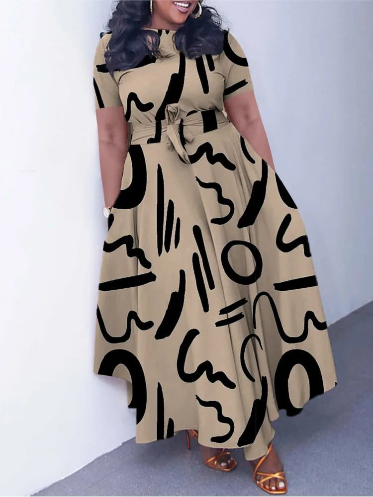 Robe Longue Imprimée — Col Rond, Manches Courtes, Longueur Cheville