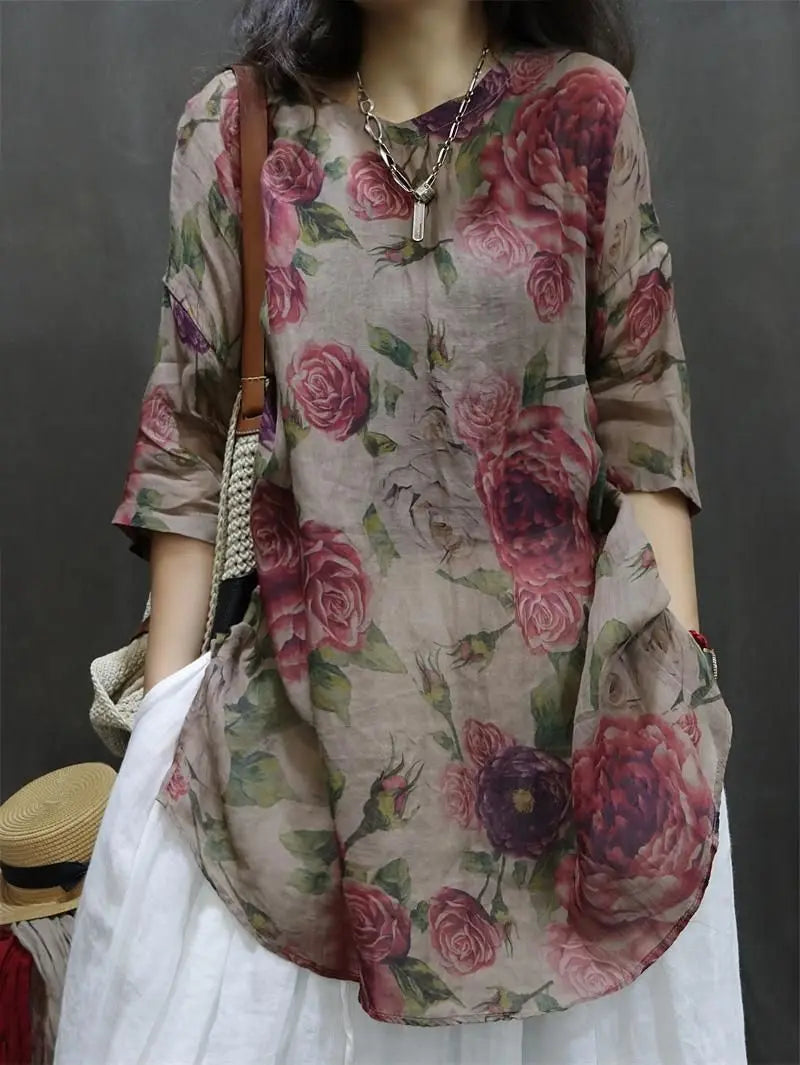 Chemise Mi-Longue Style Chinois — Col Mandarin, Manches Courtes, Imprimé Floral, Coupe Lâche
