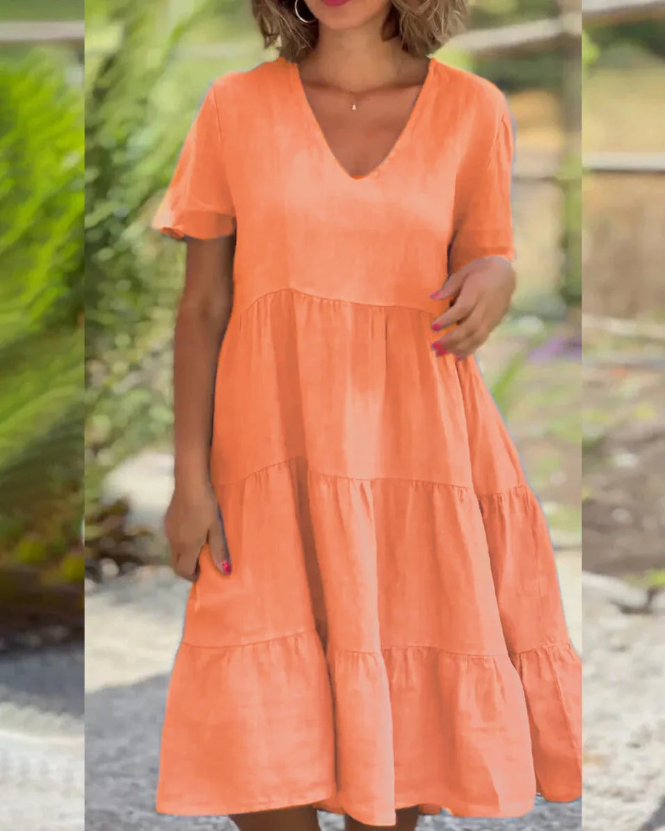 Robe Décontractée Col en V — Manches Courtes, Lin & Fibre, Longueur Genou, Silhouette Une Ligne