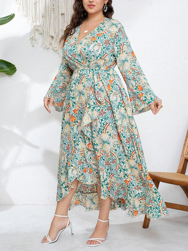 Robe Longue Asymétrique Florale Vert Sauge – Col V & Manches Évasées