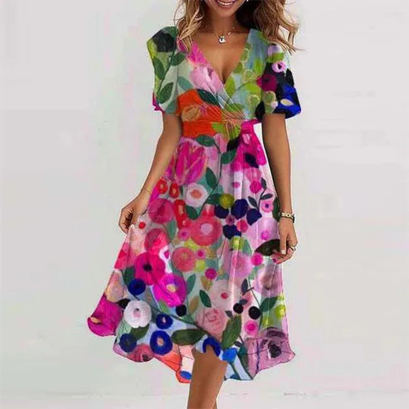 Robe Mini Plissée Imprimée — Col en V, Appliques, Coupe Ajustée
