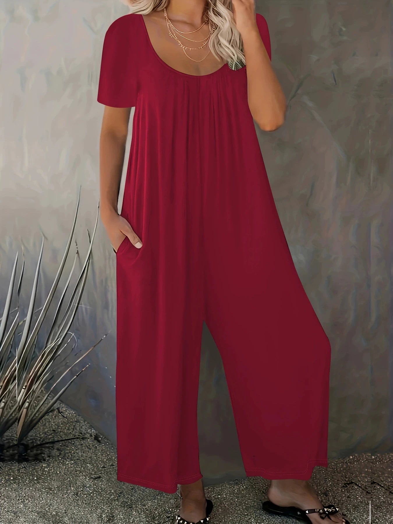 Combinaison Salopette Jambes Larges — Couleur Unie, Manches Courtes & Poches