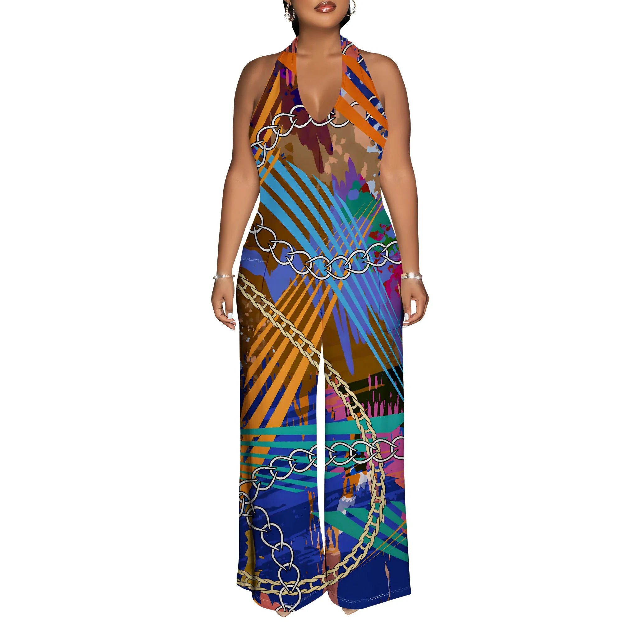 Combinaison Dos Nu Tie-Dye — Bretelles Chaîne, Palazzo Jambes Larges, Pleine Longueur