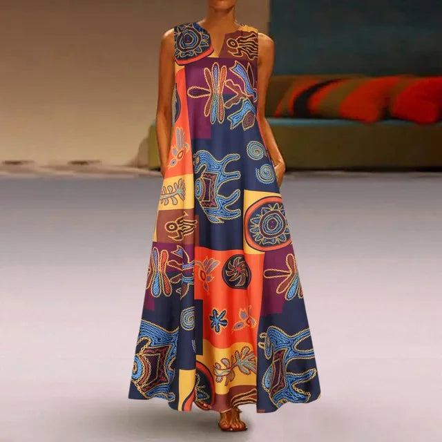 Robe Longue Imprimée Artistique — Col en V, Sans Manches, Poche, Longueur Sol