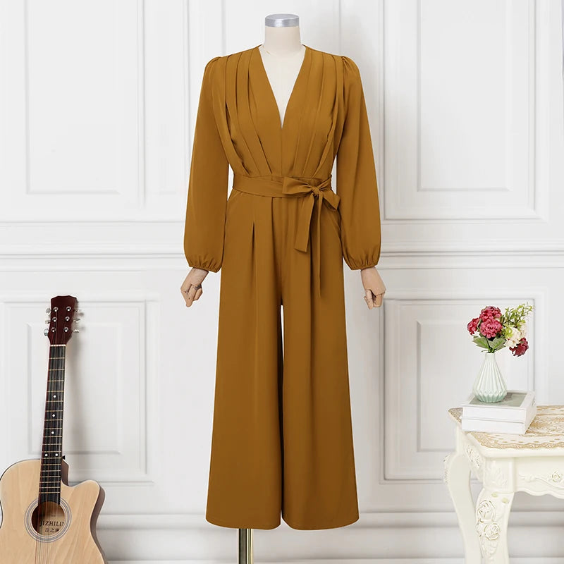 Combinaison Manches Longues Plissées — Col Revers, Ceinture, Pantalon Cheville