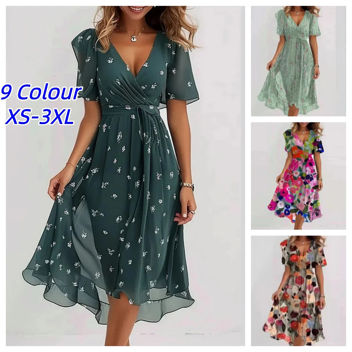 Robe Mini Plissée Imprimée — Col en V, Appliques, Coupe Ajustée