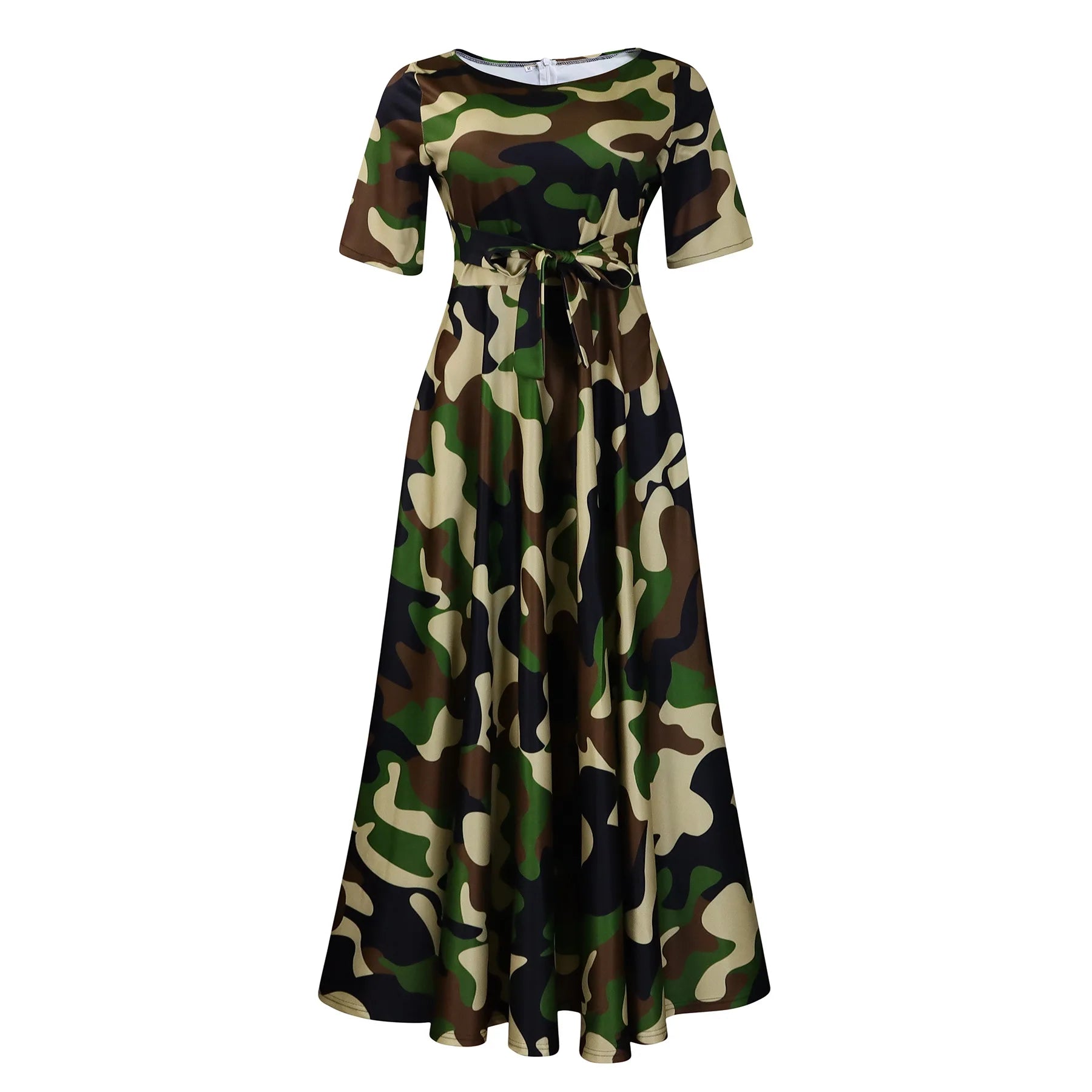 Robe Longue Imprimée avec Ceinture — Col Rond, Manches Courtes, Longueur Cheville