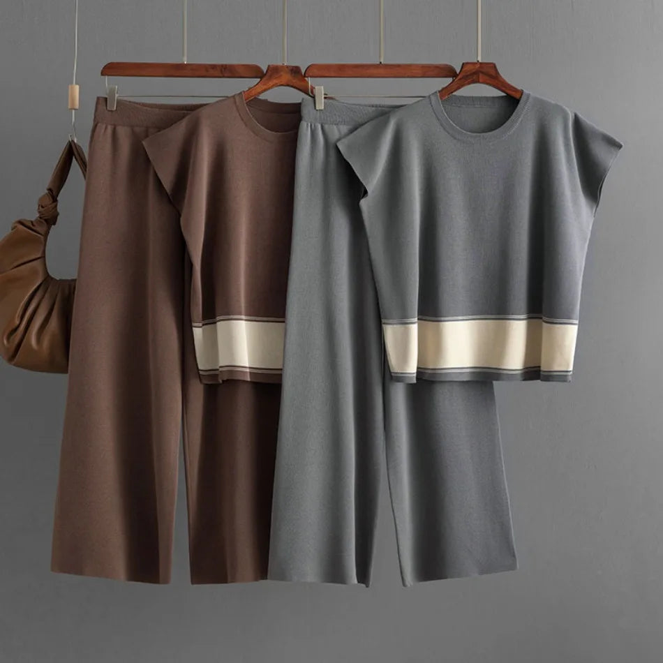 Ensemble 2 Pièces Tricot — Top Col Rond & Pantalon Jambes Larges
