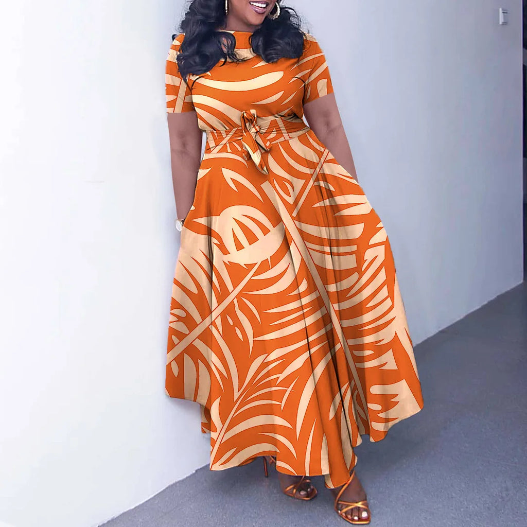 Robe Longue Imprimée avec Ceinture — Col Rond, Manches Courtes, Longueur Cheville