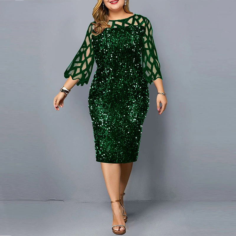 Robe Midi Sequins — Manches Courtes, Silhouette Une Ligne, Style Soirée