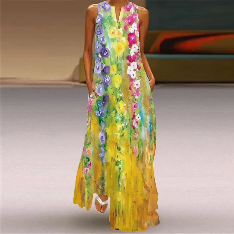 Robe Longue Imprimée Artistique — Col en V, Sans Manches, Poche, Longueur Sol