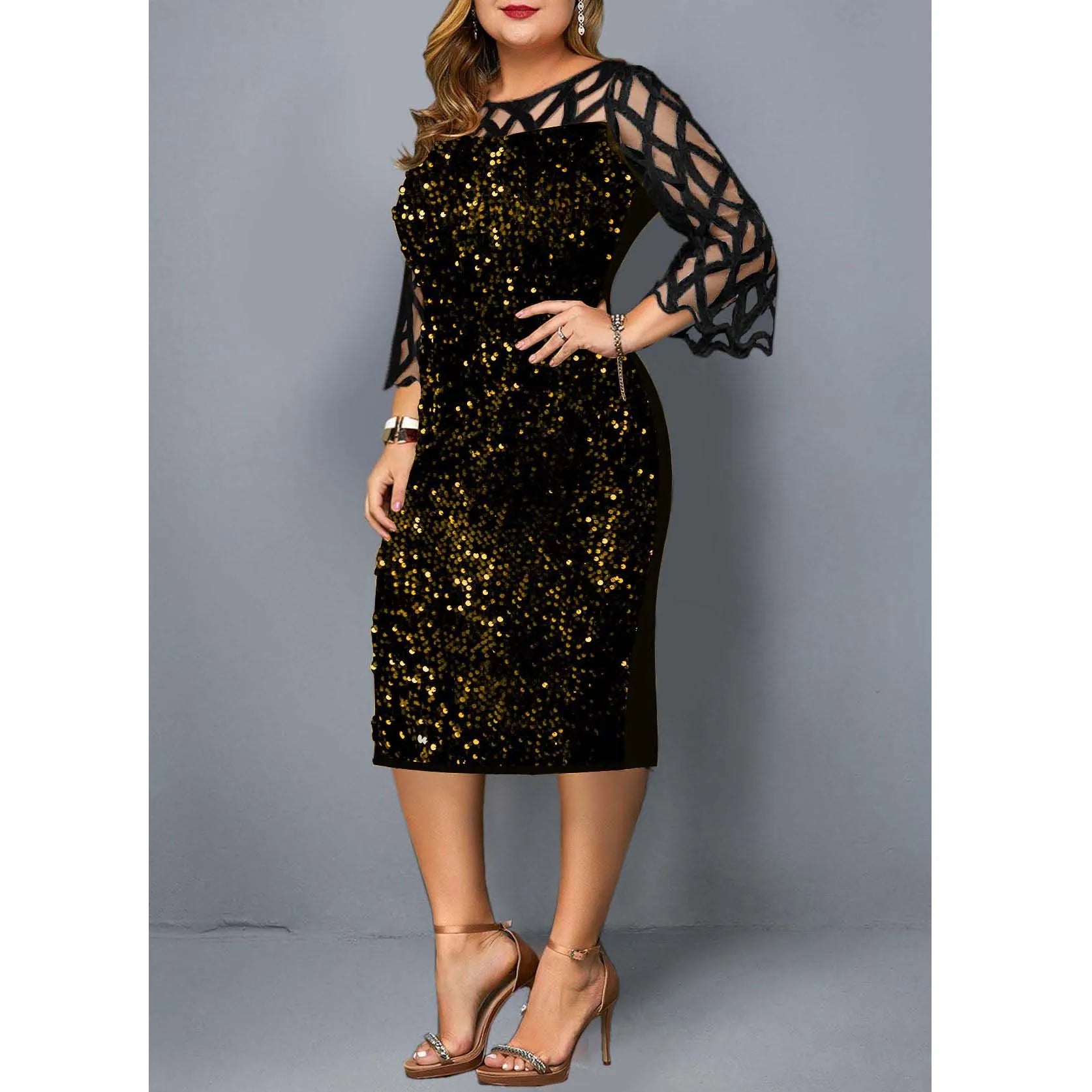 Robe Midi Sequins — Manches Courtes, Silhouette Une Ligne, Style Soirée