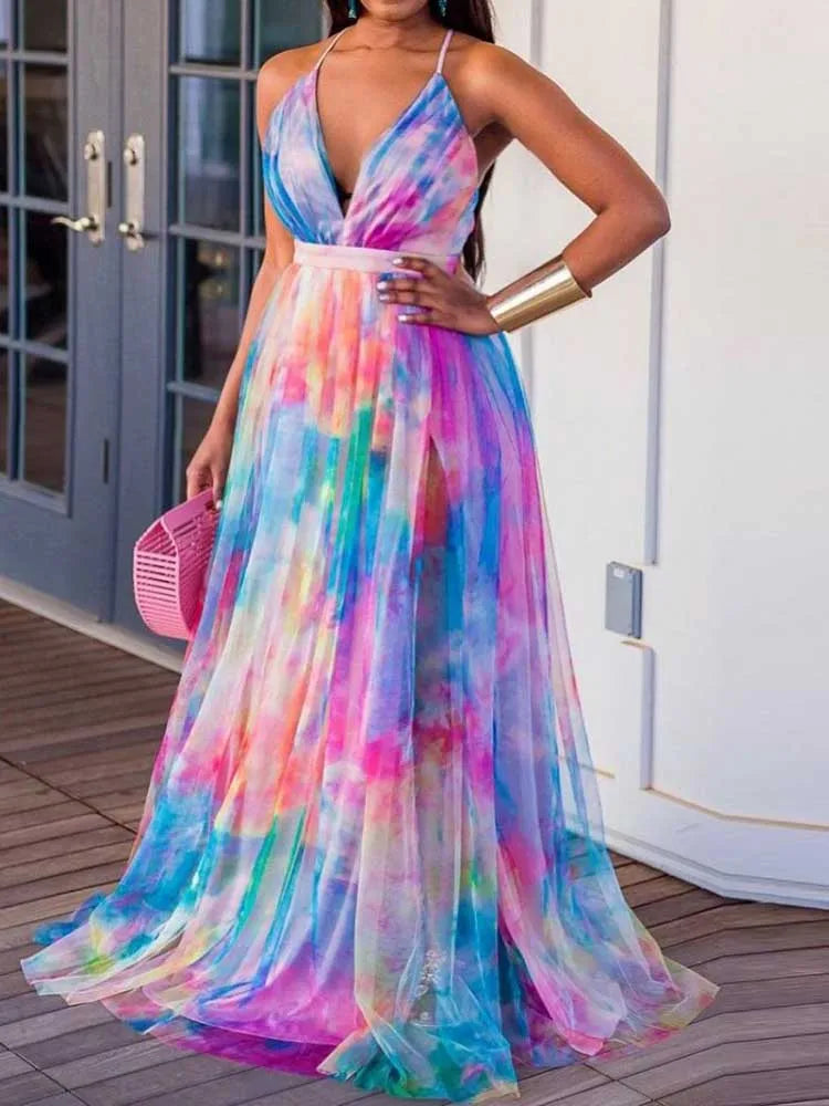 Robe Longue Dos Nu — Col en V, Imprimé Tie-Dye & Ourlet en Maille