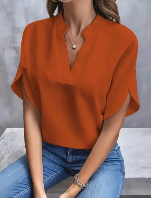 Chemise Col V — Manches Courtes, Couleur Unie, Coupe Régulière