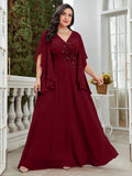 Robe de Soirée Mousseline Brodée — Col en V, Manches Longues, Longueur Cheville