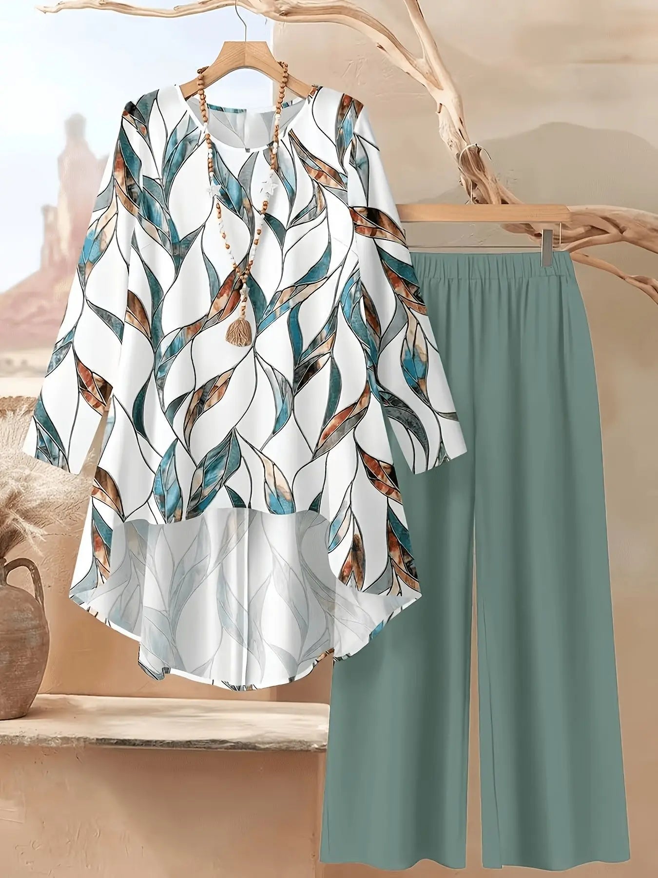 Ensemble 2 Pièces Floral — Haut Manches Longues & Pantalon Jambes Larges