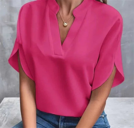 Chemise Col V — Manches Courtes, Couleur Unie, Coupe Régulière