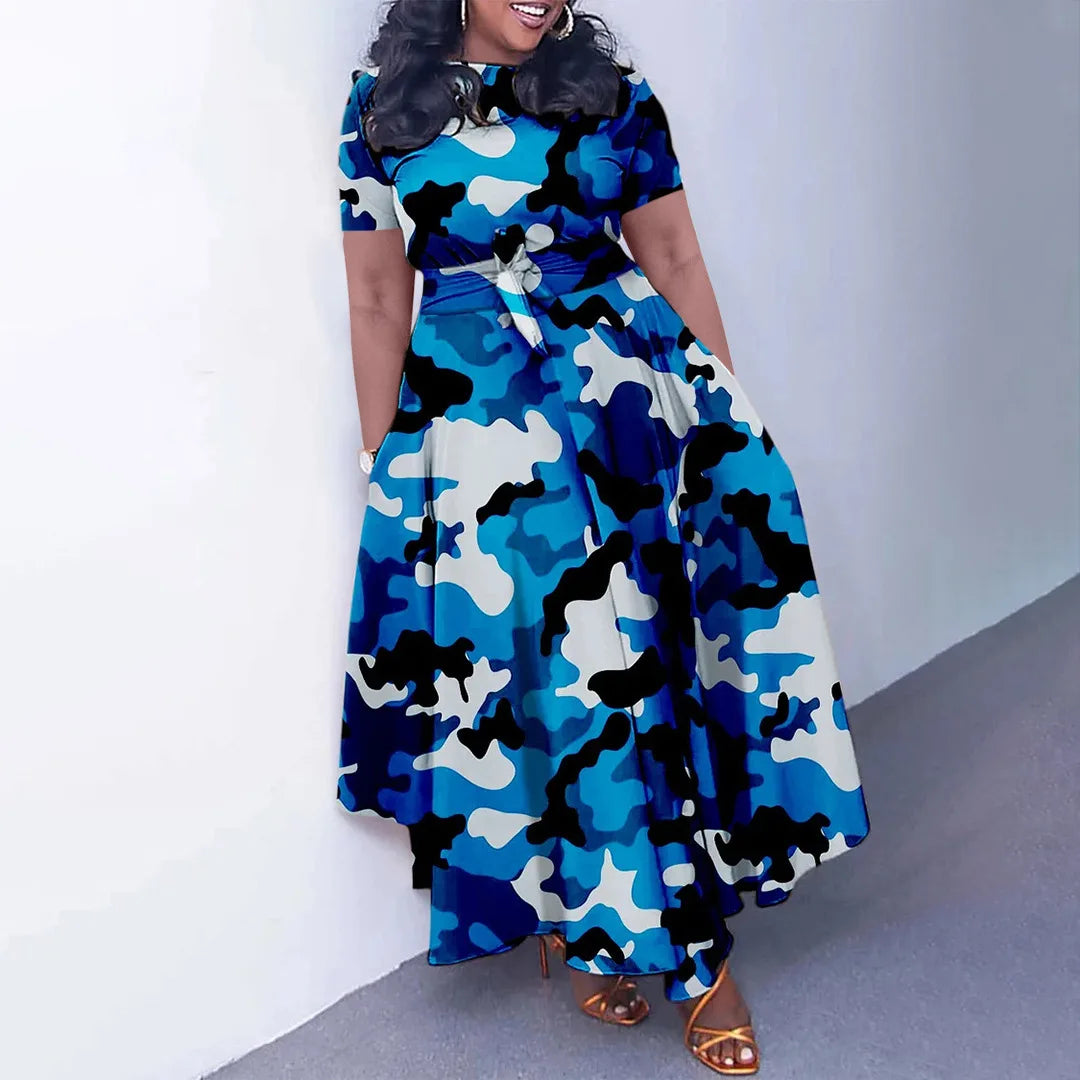Robe Longue Imprimée avec Ceinture — Col Rond, Manches Courtes, Longueur Cheville