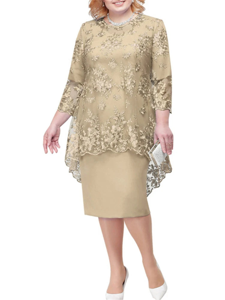 Ensemble 2 Pièces Robe Soirée — Col Rond, Broderie Dentelle, Manches 3/4, Slim Fit