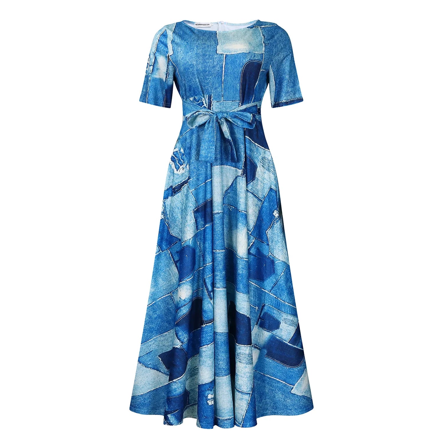 Robe Longue Imprimée avec Ceinture — Col Rond, Manches Courtes, Longueur Cheville