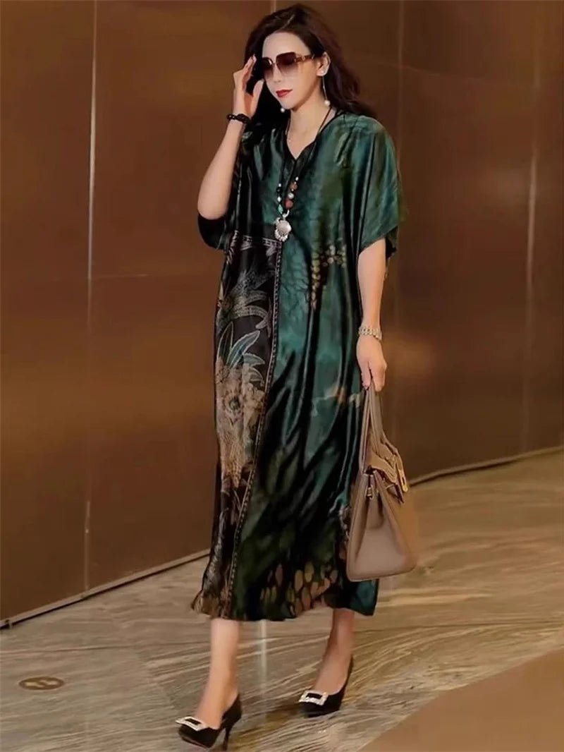 Robe Longue Rétro — Col en V, Imprimé Floral & Poche