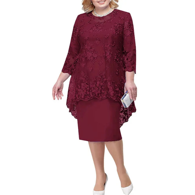 Ensemble 2 Pièces Robe Soirée — Col Rond, Broderie Dentelle, Manches 3/4, Slim Fit