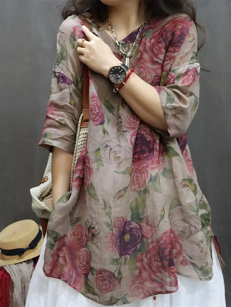 Chemise Mi-Longue Style Chinois — Col Mandarin, Manches Courtes, Imprimé Floral, Coupe Lâche