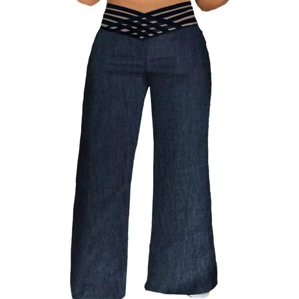 Pantalon Large Taille Haute Maille Transparente — Style Y2K Streetwear, Pleine Longueur