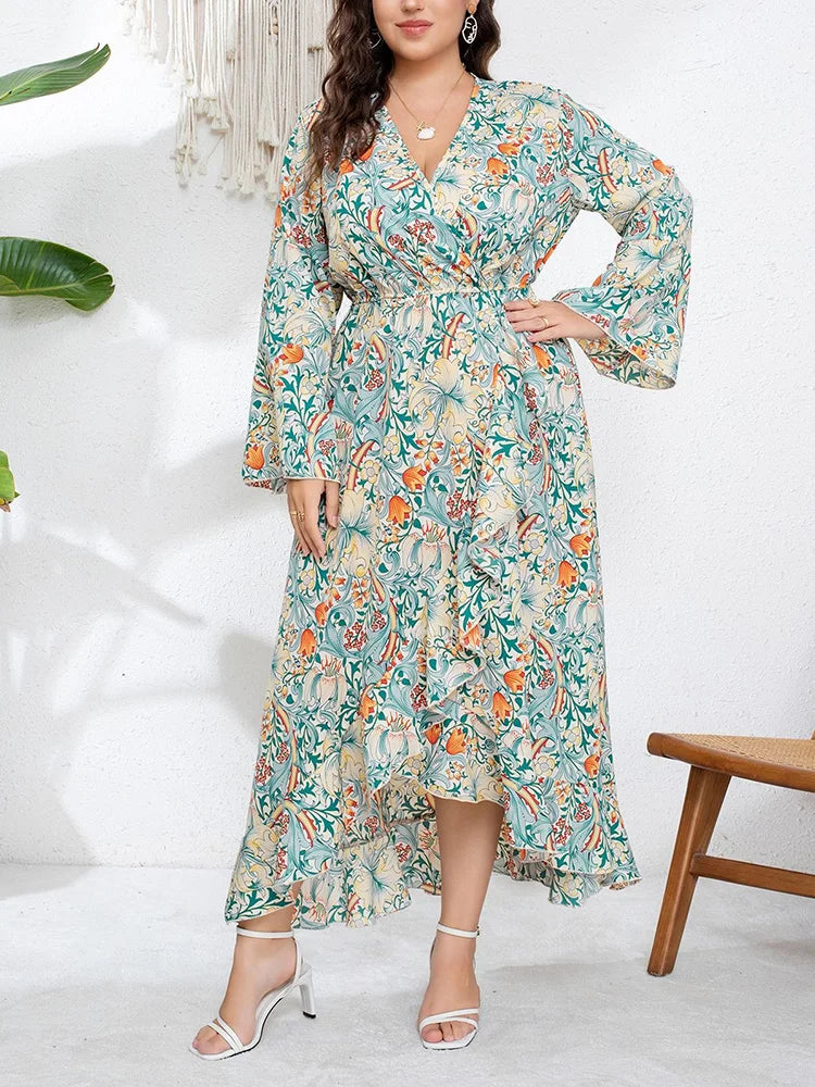 Robe Longue Asymétrique Florale Vert Sauge – Col V & Manches Évasées