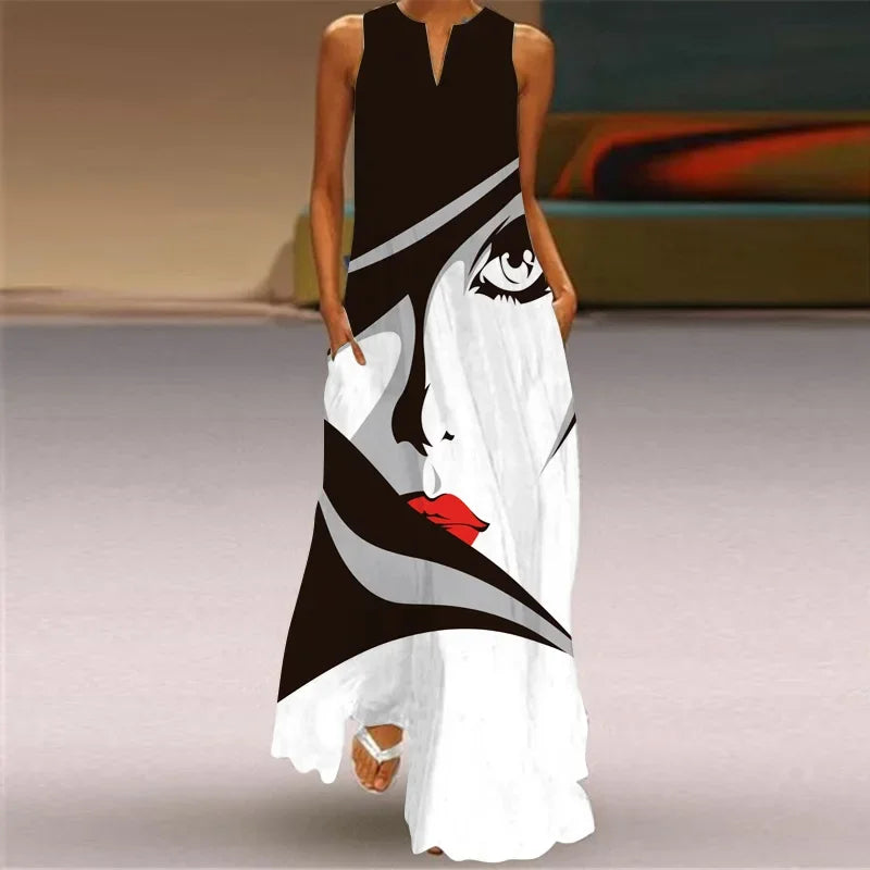 Robe Longue Imprimée Vintage — Col en V, Sans Manches, Longueur Sol