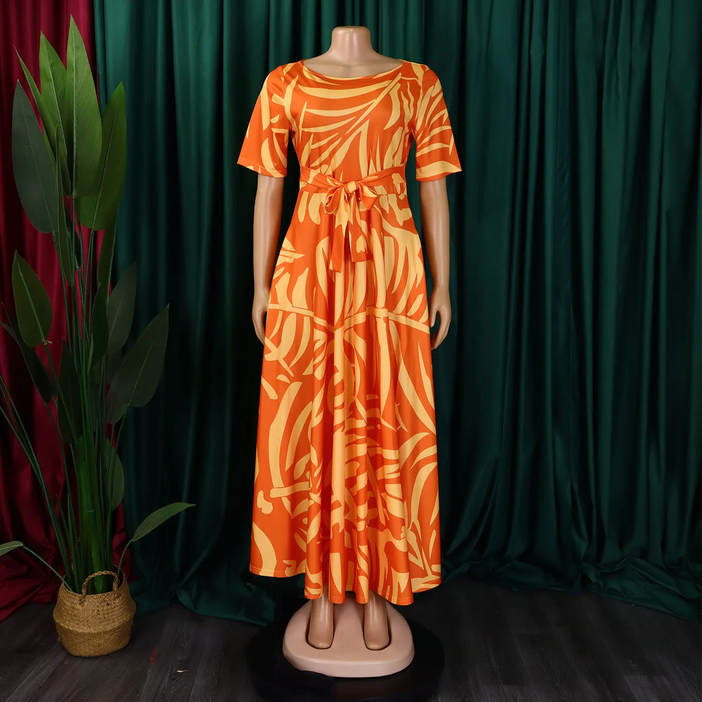 Robe Longue Imprimée avec Ceinture — Col Rond, Manches Courtes, Longueur Cheville