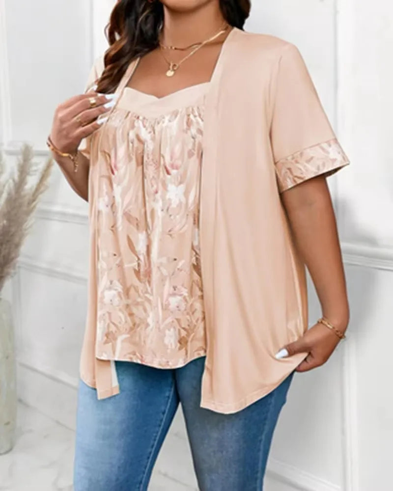 Top Floral 2 en 1 — Col Cou Fendu & Manches Mi-Longues