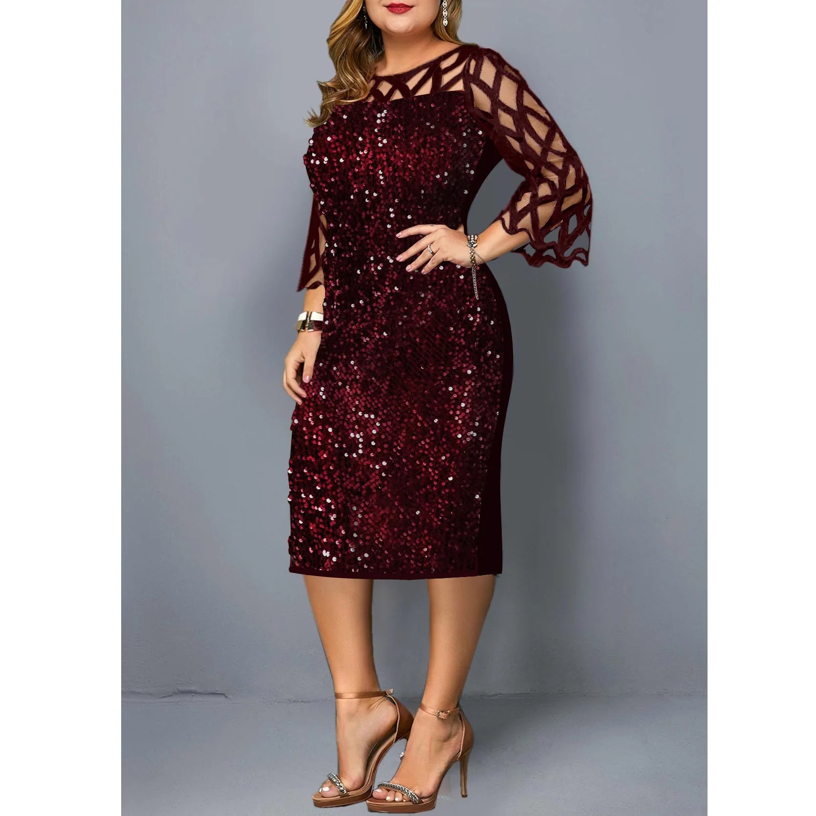 Robe Midi Sequins — Manches Courtes, Silhouette Une Ligne, Style Soirée