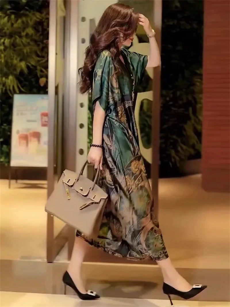 Robe Longue Rétro — Col en V, Imprimé Floral & Poche