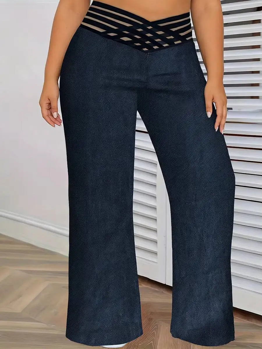 Pantalon Large Taille Haute Maille Transparente — Style Y2K Streetwear, Pleine Longueur