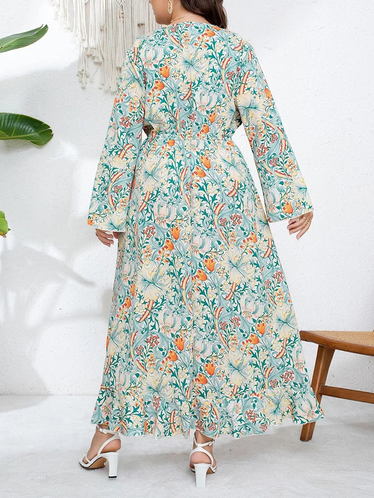 Robe Longue Asymétrique Florale Vert Sauge – Col V & Manches Évasées